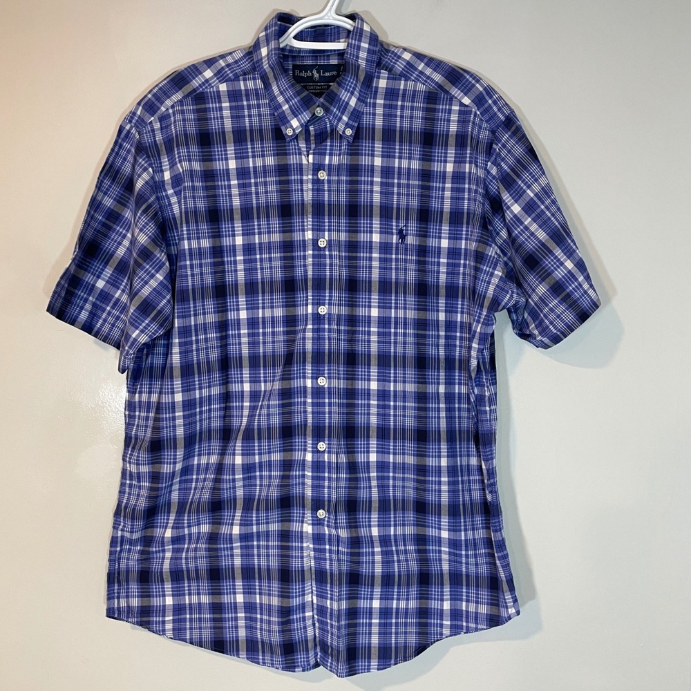 Polo Ralph Lauren Mens Blue White Plaid Custom Fit Short Sleeve Shirt L Cotton‎
